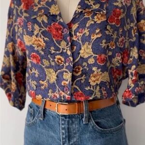 Floral Button-Up Blouse - Blue and Red